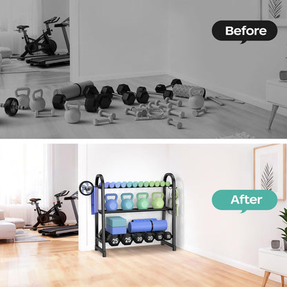 YaDonpe 3 Tier Dumbble Rack - 360LB Capacity Adjustable Dumbbell Storage Rack Space-Saving Home Gym Weight Rack For Dumbbells And Kettlebells With Hooks (Dumbbell Rack Stand Only)（Matte Black （29.96''Length））