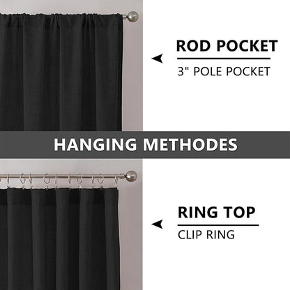 Tollpiz Short Linen Curtain Living Room Rod Pocket Semi Sheer Curtains Burlap Light Filtering Thick Linen Drape for Bedroom, 54 x 45 inches Long, Black, Set of 2 Panels