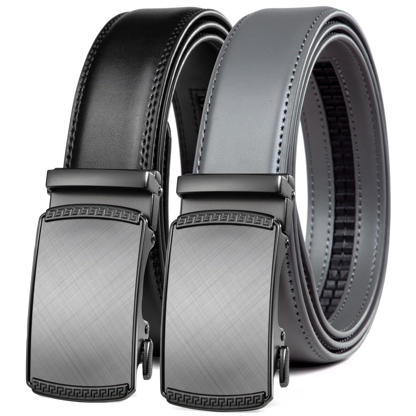 Founders & C Mens Belt 2 Pack,Leather Ratchet Click Belt Dress with Slide Buckle 1 3/8" in Gift Set Box- Size Adjustable (Black/Grey Golf Belt, 28"-42" Waist Adjustable)