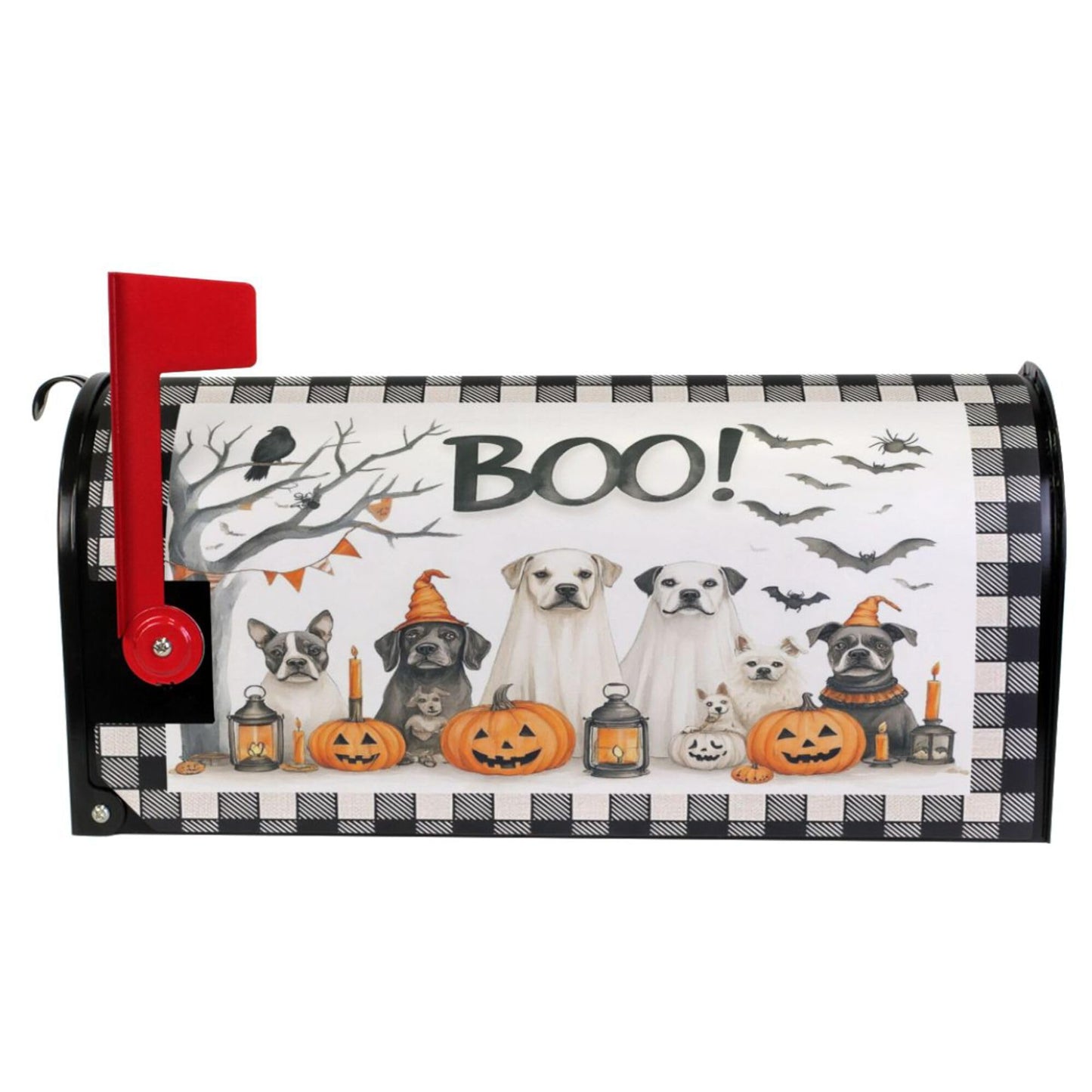 Happy Halloween Dogs Magnetic Mailbox Covers Spooky Bat Raven Pumpkin Buffalo Plaid Mailbox Cover Standard Size Full Magnet Garden Yard Porch Mail Boxes Cover Holiday Decorations 21" L x 18" W