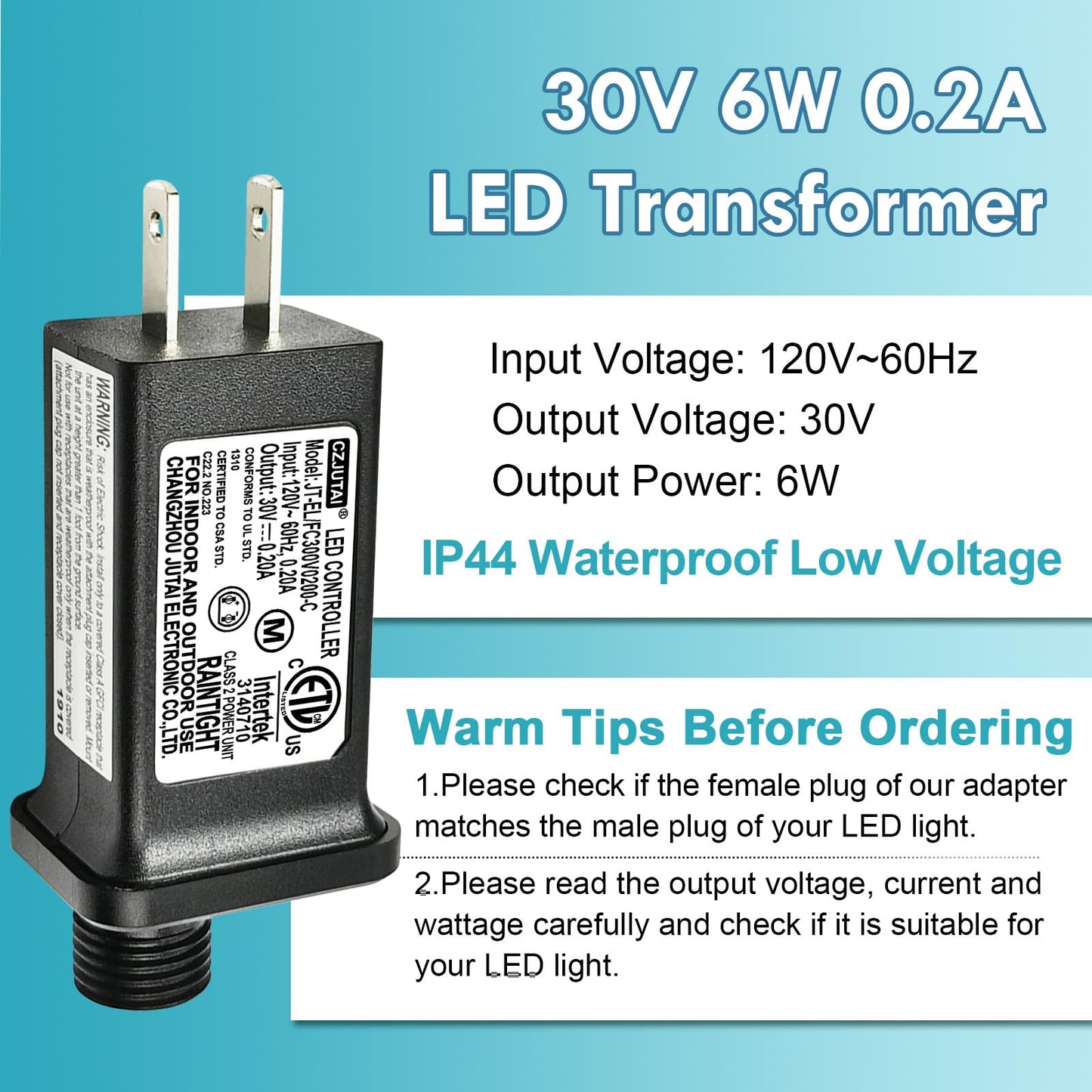 2 Pcs of CZJUTAI JT-EL/FC300V0200 Premium 30V 0.2A 6W 8 Modes LED Power Supply with Multifunction Button- Class 2 Transformer, IP44 Waterproof, for Christmas and String Lights [Z860]