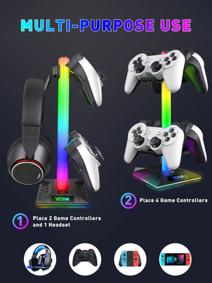 V VCOM RGB Gaming Headphones Stand with 2 USB Ports Headset Stand with 10 Light Modes and Non-Slip Rubber, Suitable for All Earphone Accessories, Best Gift for Husband, Kids, Boyfriend