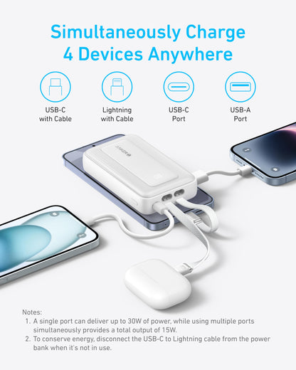 Anker Zolo Power Bank, 10,000mAh 30W Max Fast Portable Charger with Built-in USB-C and MFi Certified Lightning Cables, USB-C&A, Battery Pack for iPhone 16/15 Series, MacBook, Galaxy (Black)