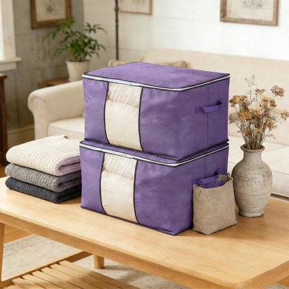Clothes Storage Bags 2Pcs, Foldable Comforters Storage Containers with Handle, Organizers Bins for Bedding, Pillows and Blanket(Purple)