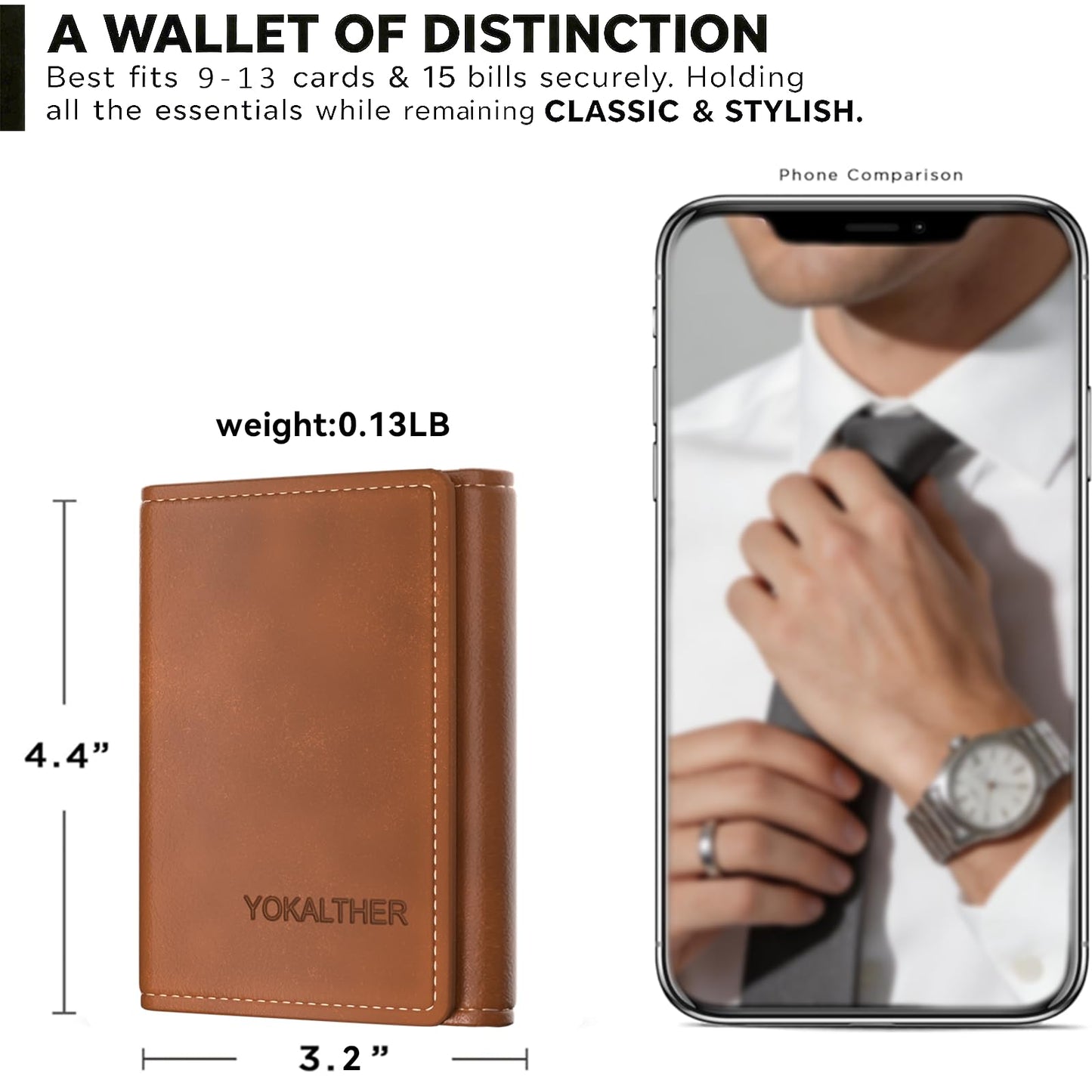 YOKALTHER Trifold wallets for Men, RFID Blocking Trifold Wallets, Mens Genuine Leather Trifold Wallets, 8 Card Slots and ID Window, Slim Durable and Easy to Carry
