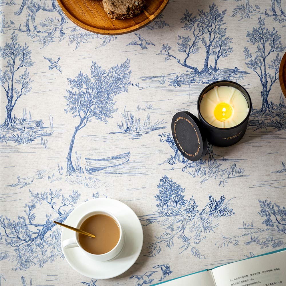 GLORY SEASON Rustic Tablecloth Classic French Village Printed Linen Fabric Table Cover Farmhouse Decoration 55x102 Inches Rectangle/Oblong Blue for Kitchen Dining