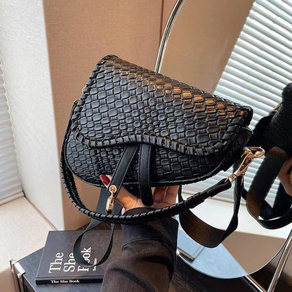 ERWUBA fashion women saddle shoulder bag clutch purse small crossbody satchel handbag woven imitation crocodile leather bag (Black)