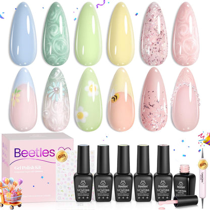 Beetles Cat Eye Gel Nail Polish Set, 6 Summer Colors Pastel Shimmer Glitter Gel Polish Kit Soak Off LED UV Curing Requires Pink Red Blue Orange Green Purple Velvet Gel with Magnet Gift for Women