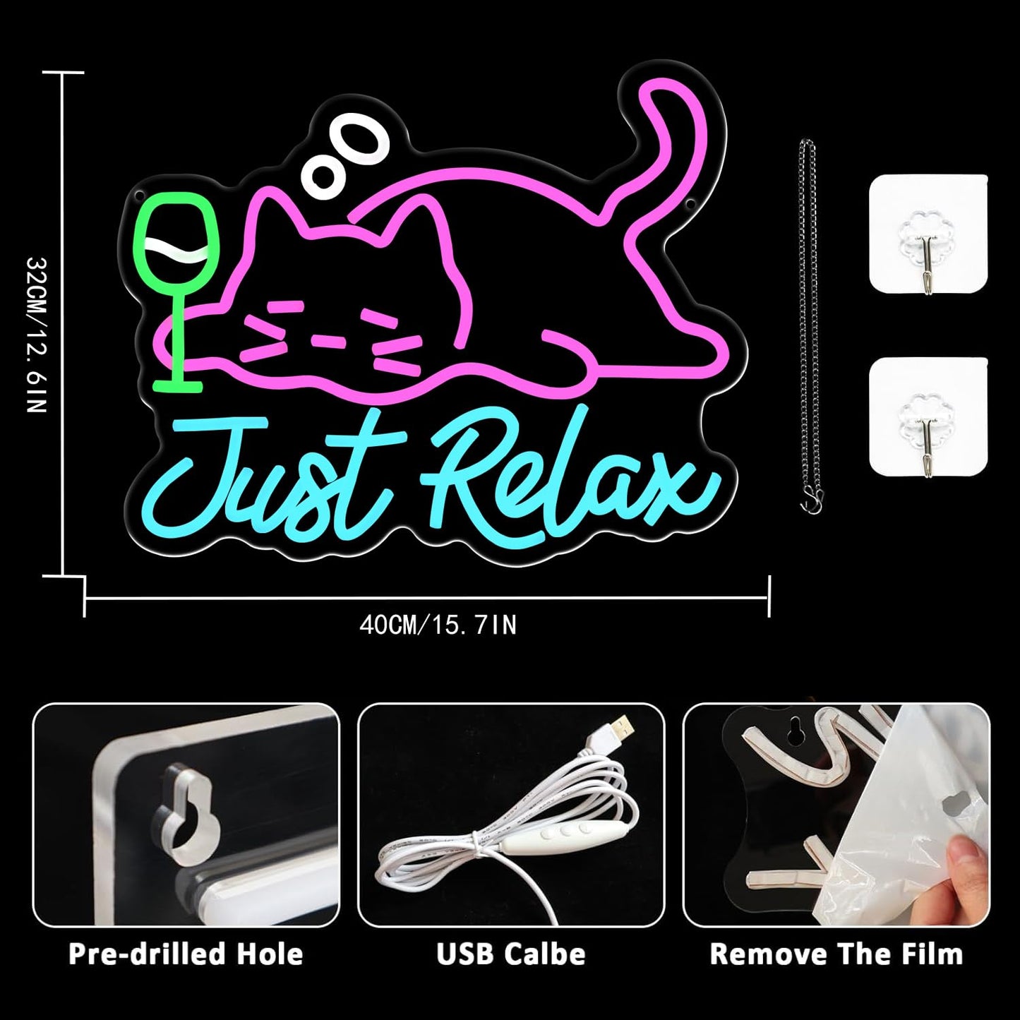 UExnkj-Y Cat Beer Neon Sign, Just Relax Neon Signs for Wall Decor, USB Dimmable Pink Cat Bar Light Up Sign for Pet Lover Bedroom Bar Birthday Party Game Room Man Cave Home Decor