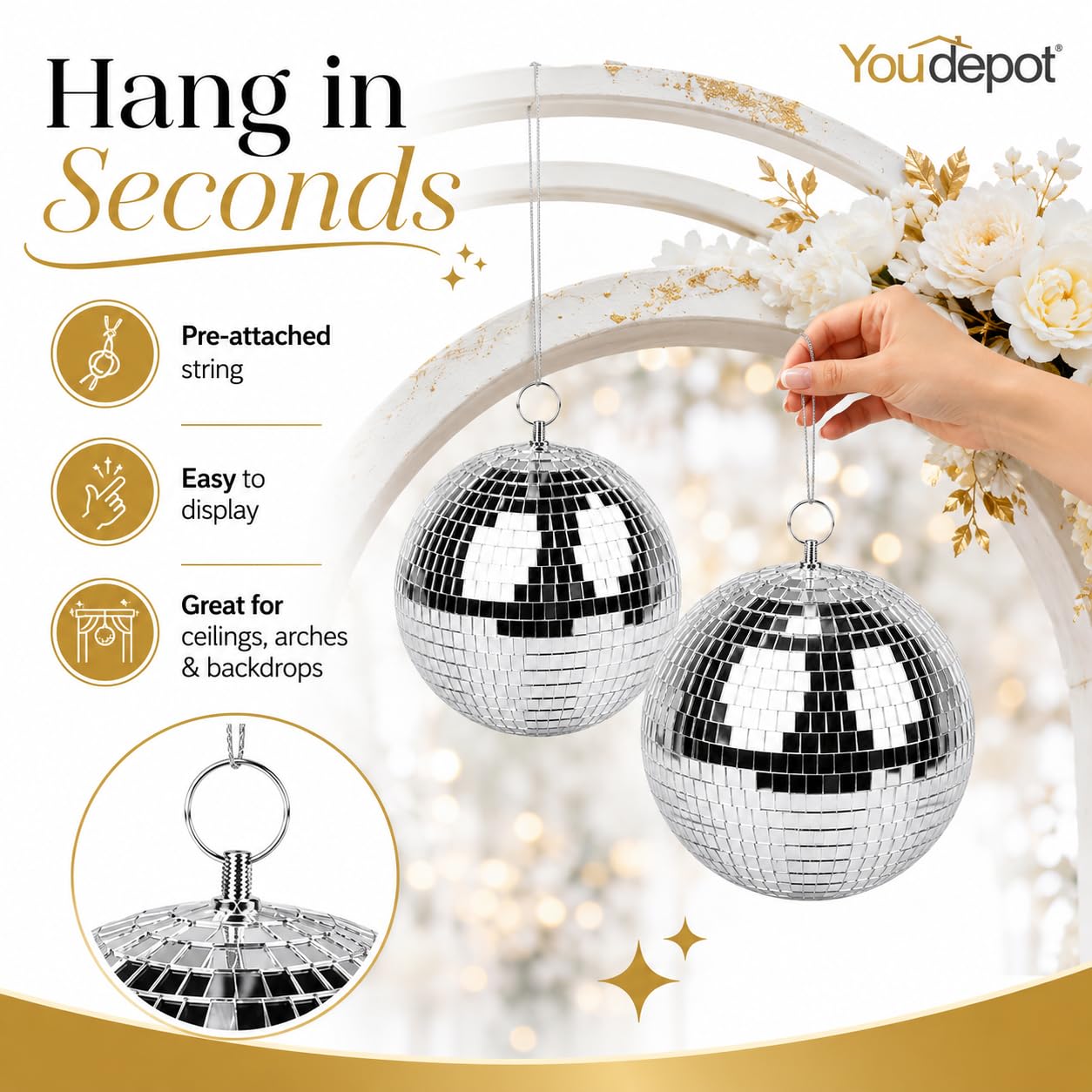Youdepot 8-Inch Disco Ball 2-Pack – Silver Hanging Mirror Ball with String, Reflective Disco Ball Decorations for Weddings, Birthdays, Classrooms, Home, DIY, Indoor & Outdoor Events