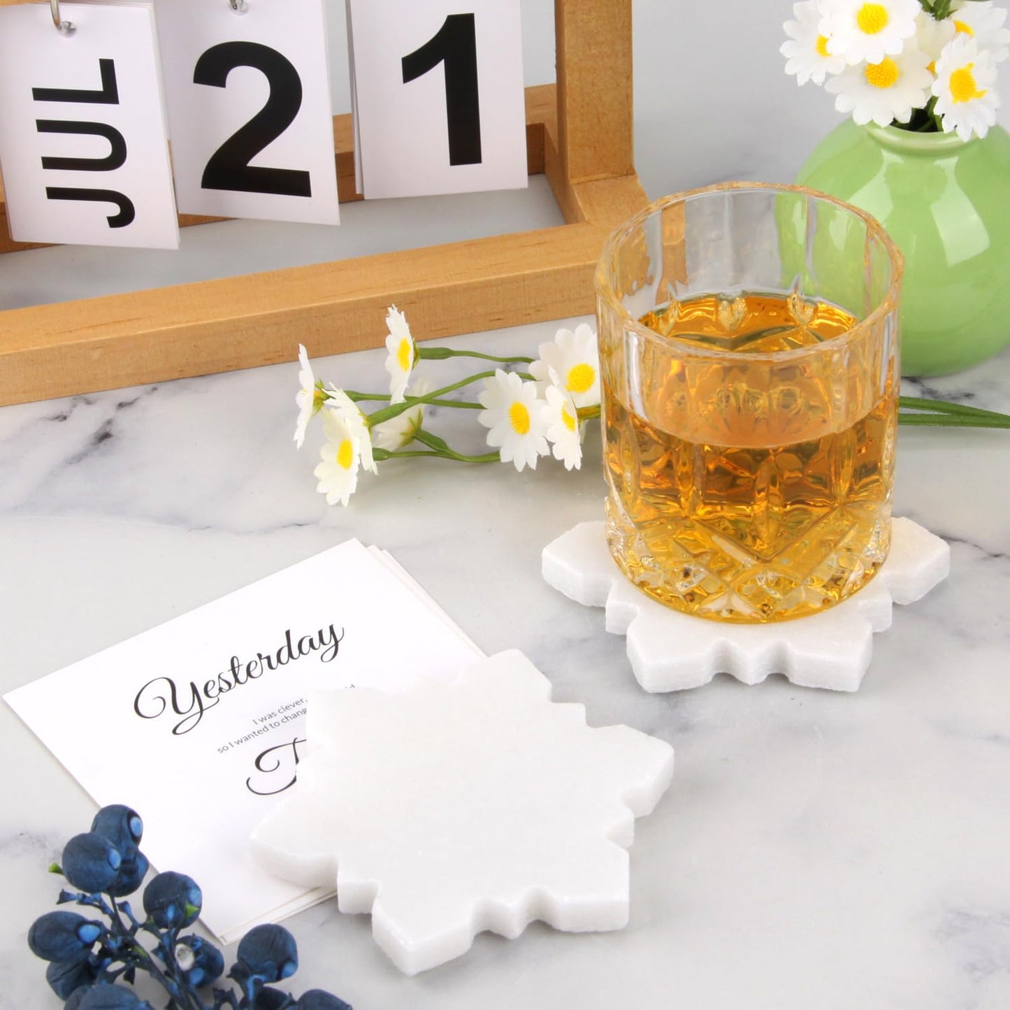Marble Coasters Set of 6-4 Inch Snowflake Design White Natural Stone Drink Coasters, Modern Luxury Outdoor Cup Coaster Table Protection for Coffee Tab (6, 4 Inch) (6, White, Snowflake)