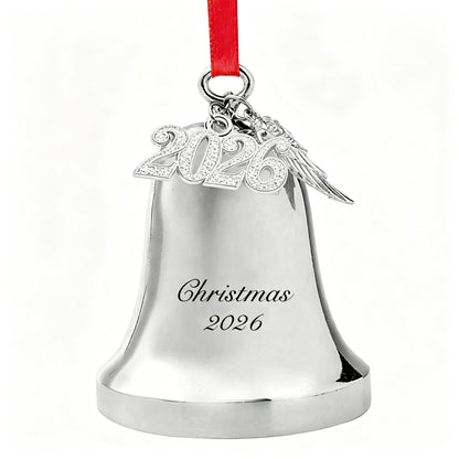 Personalized Silver Christmas Bell Ornament 2026 – Engraved Holiday Bell with Red Ribbon & Angel Wing Charm, Christmas Tree Decoration Gift for Family, Friends, New Home Holiday Keepsake (2026)