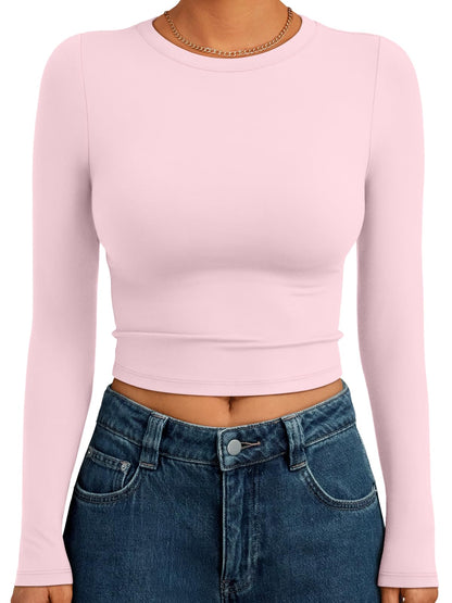 Trendy Queen Womens Long Sleeve Crop Tops Basic Slim Fitted Shirts Fashion 2025 Going Out Y2k Tops Teen Girl Clothes