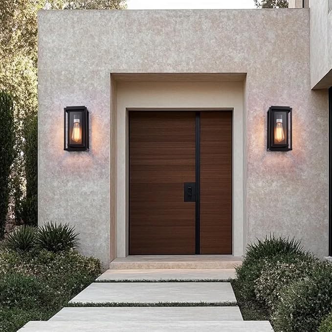 Cerdeco 12” Modern Outdoor Wall Sconce with Rectangular Metal Frame and Transparent Glass Shade,Black Outdoor Lighting for Garage Porch Patio Pack of 2(ETL Listed)