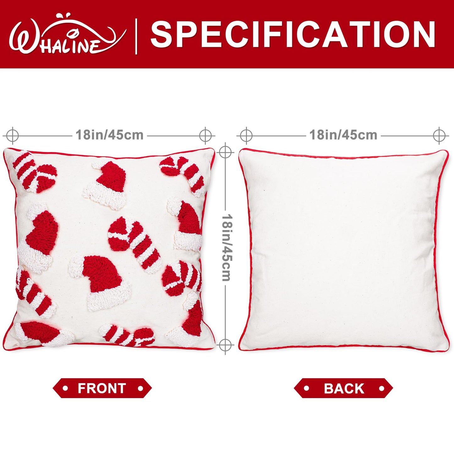 Whaline 2Pcs Christmas Tufted Throw Pillow Covers Red White Xmas Hat Candy Cane Pillow Case Winter Holiday Soft Cushion Cover for Sofa Couch Bed Home, 18 x 18 Inch