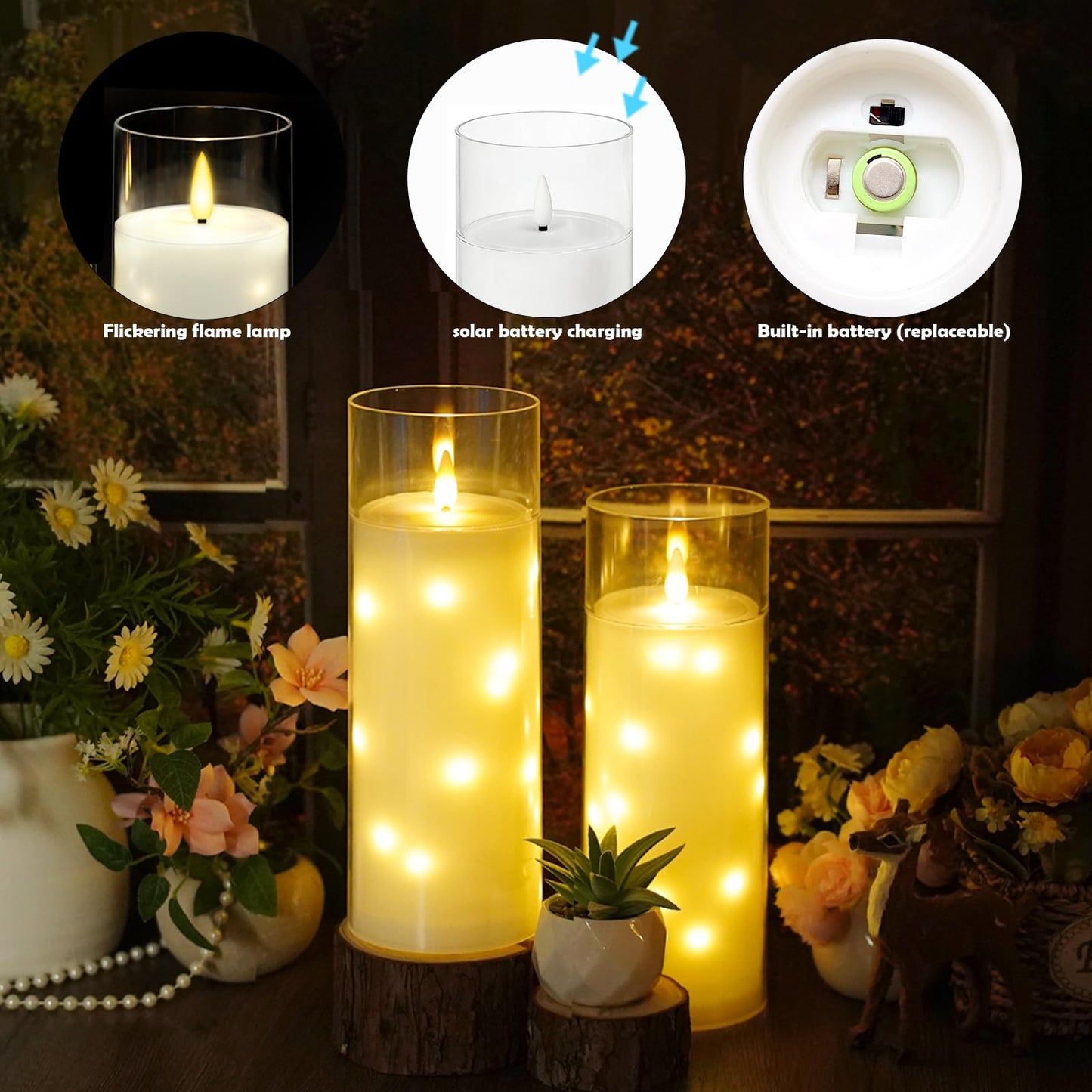 kakoya Large Solar Flameless Candles Outdoor Waterproof 11" x 4",2Pcs LED Pillar Candles Included Rechargeable Solar Battery with Embedded Star String for Outdoor Porch,Patio Decor(White)