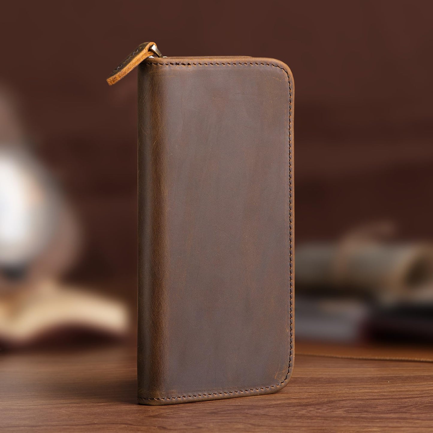 Asvine Fountain Pen Case 3 Divided Slots Crazy Horse Leather Pen Holder, Handmade Display Zippered Pouch for Rollerball Pen-Retro