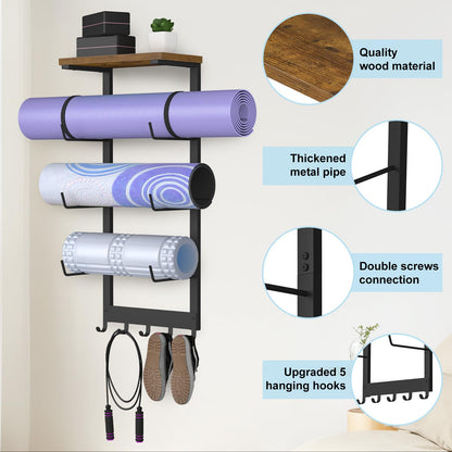 BSTSLL Yoga Mat Holder Wall Mount, Yoga Mats Storage Rack, Home Gym Wall Organizer Holder with Wood Floating Shelf and 5 Hooks, Storage Rack for Hanging Foam Roller/Band/Workout Equipment