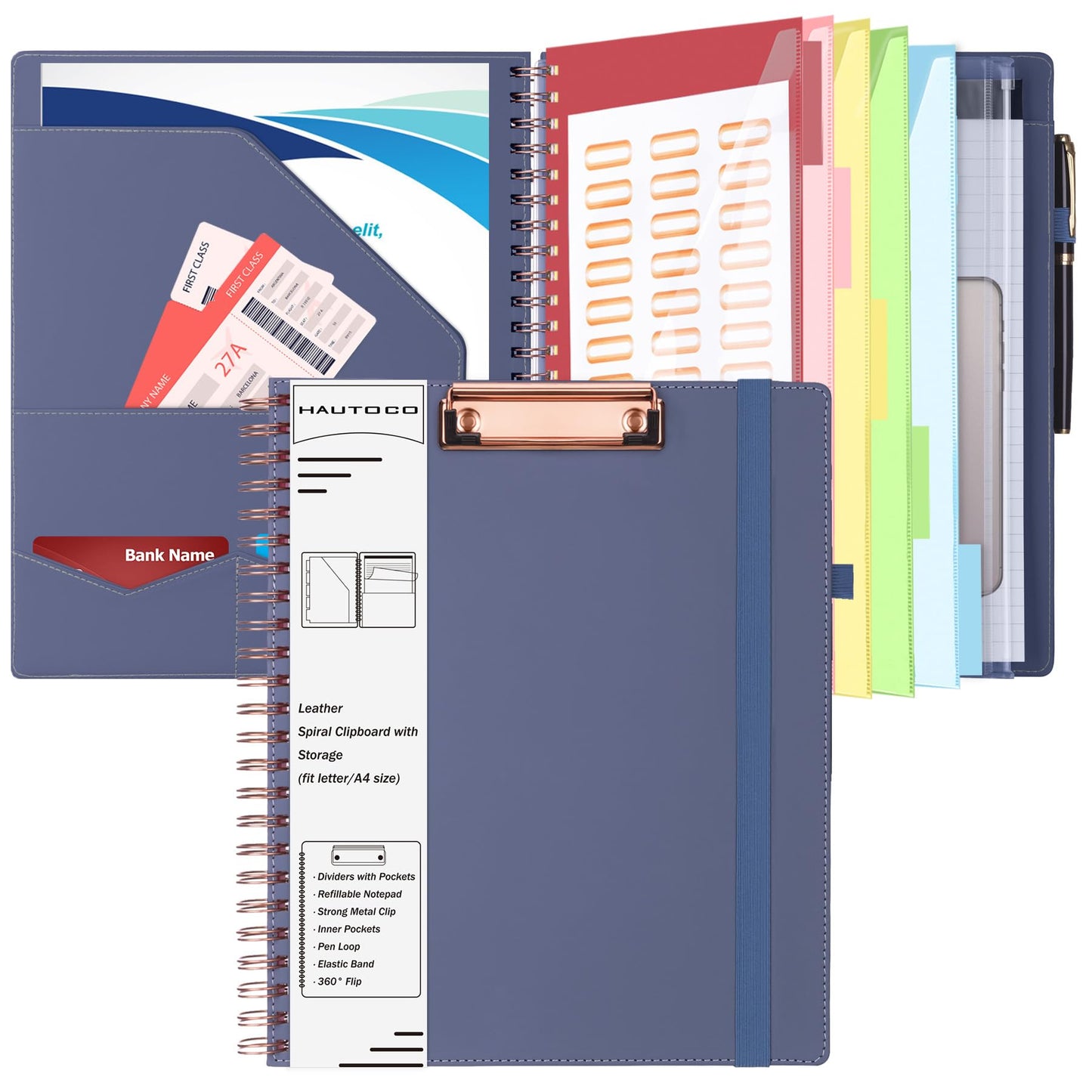 HAUTOCO Spiral Leather Clipboard Folio with Notepad (8.5 x 11''), 5 Folders with 10 Pockets, Storage Zipper Pouch, Pen Loop, 39 Stickers, Padfolio Organizer for Work School, Purple Gray