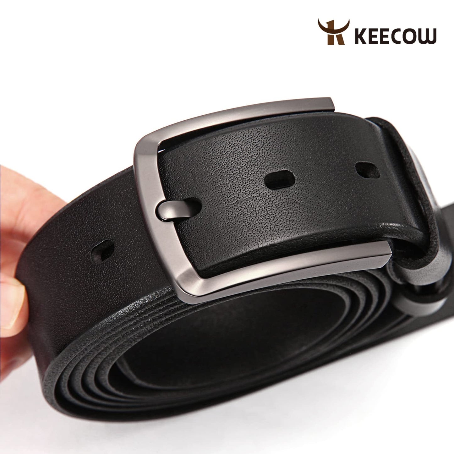 KEECOW Men's 100% Italian Cow Leather Belt Men With Anti-Scratch Buckle,Packed in a Box (Black-1003, 34-38)