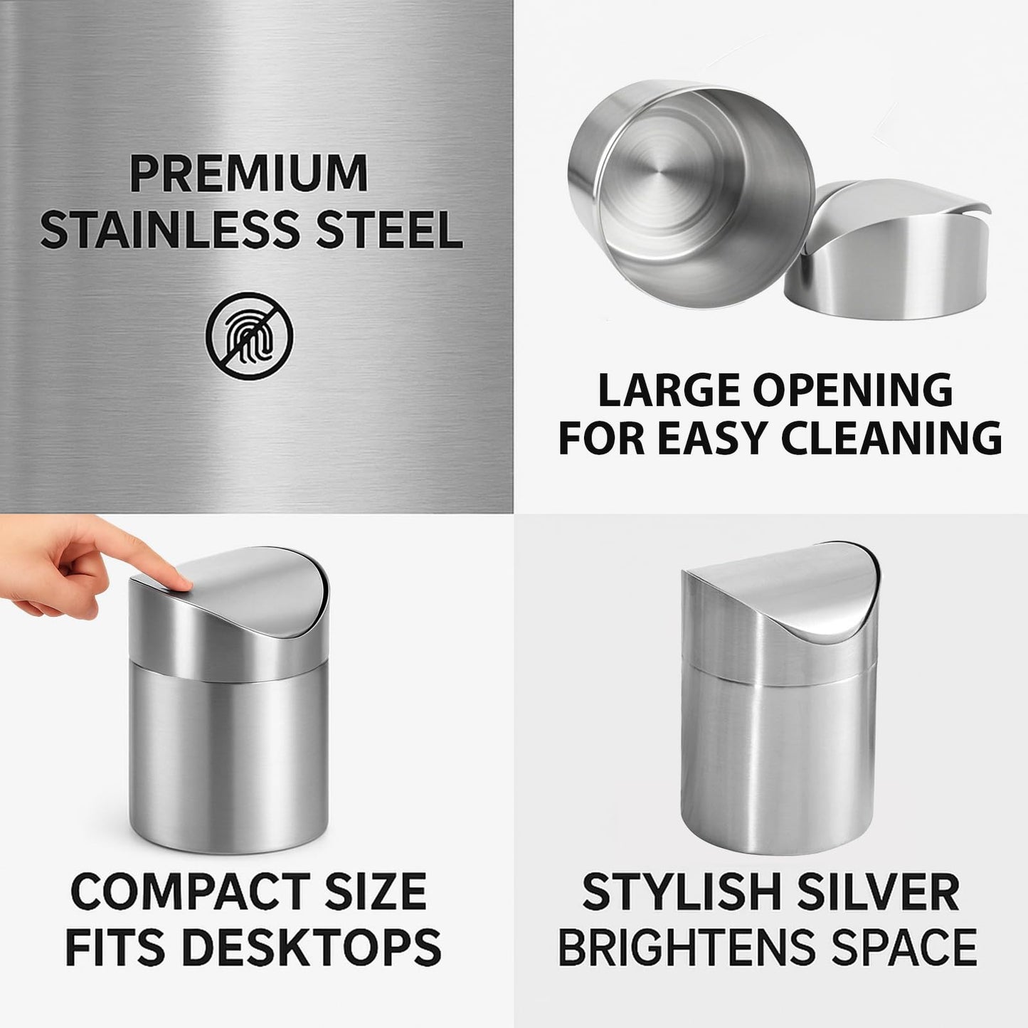 JILLICK Small Mini Trash Can with Lid, Brushed Stainless Steel Small Tiny Mini Trash Bin Can, Mini Countertop Trash Cans for Desk Office, Swing Top Trash Bin 1.5 L/0.40 Gal (Sliver)