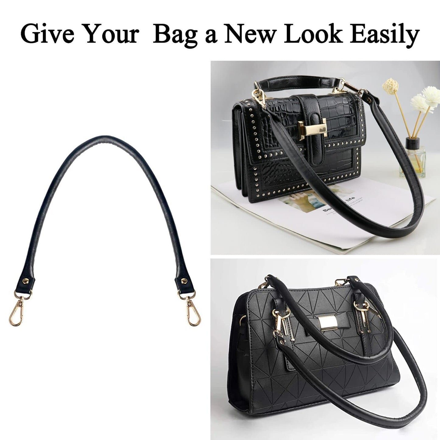 BEAULEGAN Purse Leather Handles Replacement 2 Pcs for Handbag, 23.6 Inch, Black Silver