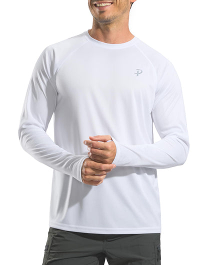 Pudolla Mens Sun Protection Shirts UV SPF T-Shirts UPF 50+ Long Sleeve Rash Guard Fishing Beach Quick Dry(White L)