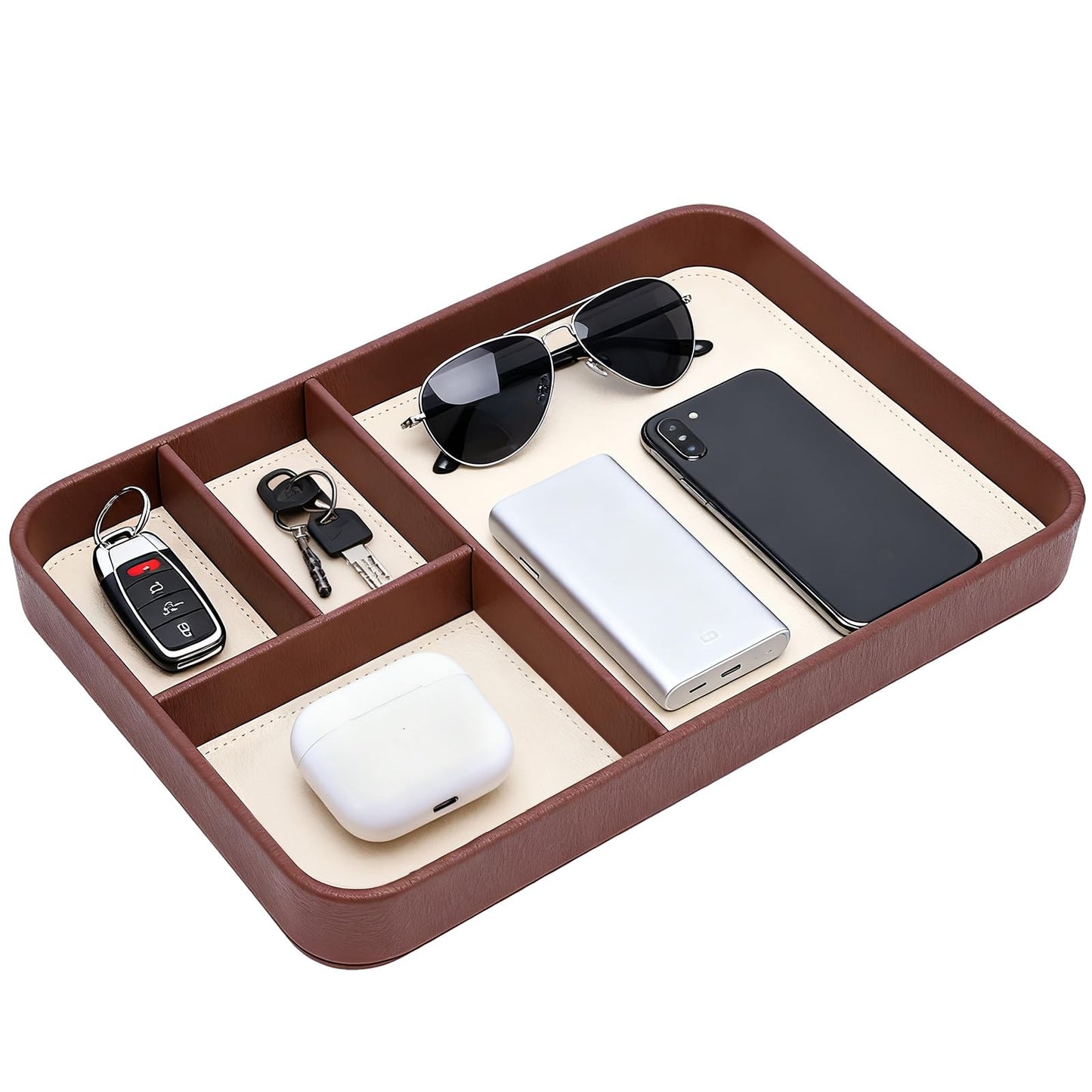 exsulity Leather Valet Tray, Stylish and Organized Multifunctional Tray, Nightstand & Desk Organizer, EDC Catchall for Keys Watch Jewelry Bedside Table Organizer