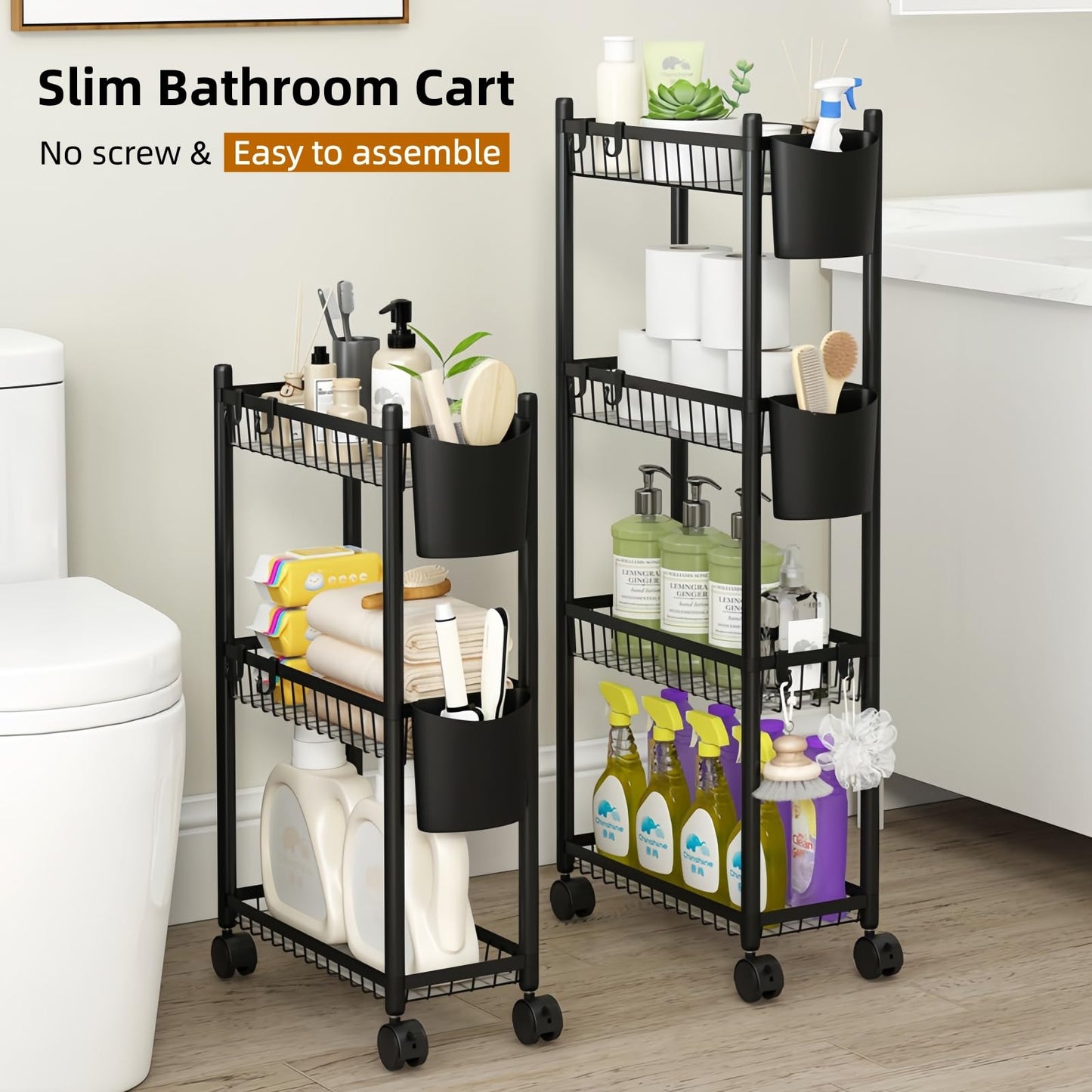 Slim Rolling Storage Cart, 4 Tier Narrow Utility Cart with Wheels, Skinny Metal Mobile Shelf Unit Organizer for Bathroom Kitchen Laundry Room Pantry Office Small Spaces, Black