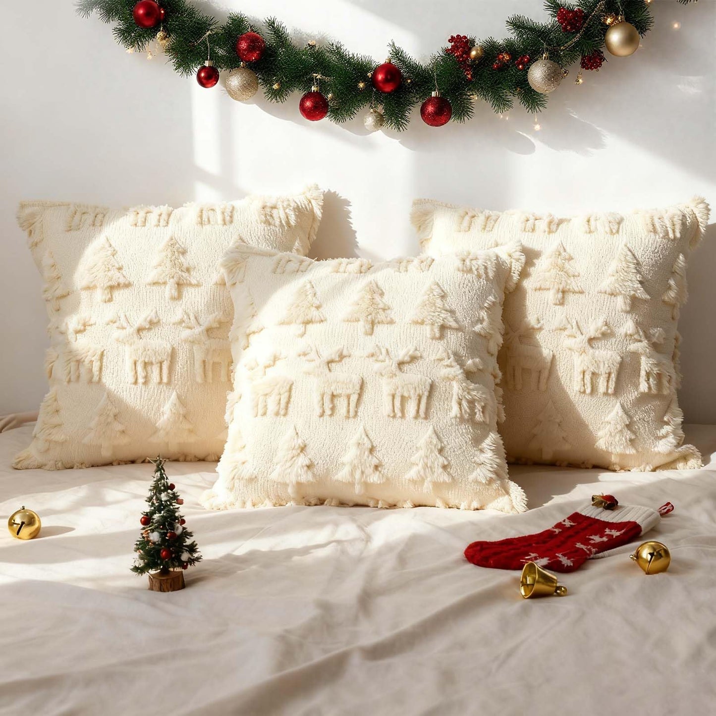 ONFAON Christmas Decorations - Christmas Tree Elk Deer Pillow Cover 18x18 Inches Set of 2, Xmas Soft Plush Short Wool Velvet Decorative Winter Holiday Farmhouse Outdoor Cushion Cases for Sofa Couch