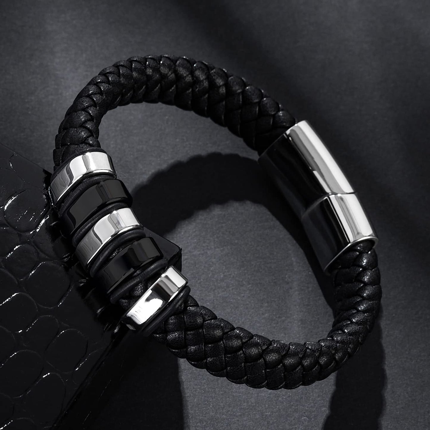 LJWVX Mens Black Leather Bracelets,Braided Leather Wristband Cuff,Stainless Steel Clasp,Bracelet Gift for Dad