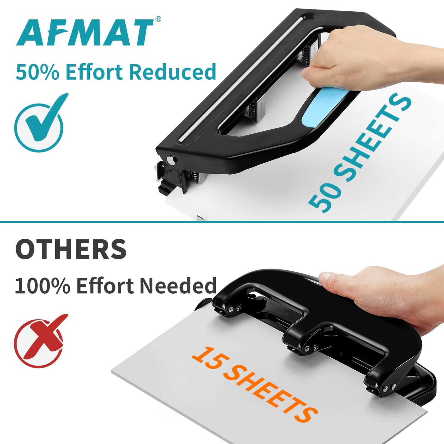 AFMAT 3 Hole Punch Heavy Duty, 9/32" Holes, 50-Sheet Hole Puncher 3 Ring, 50% Reduced Effort, Adjustable Two & Three Hole Punch, Metal Paper Puncher w/Large Chip Tray, Metal Paper Guide, Black, HP18