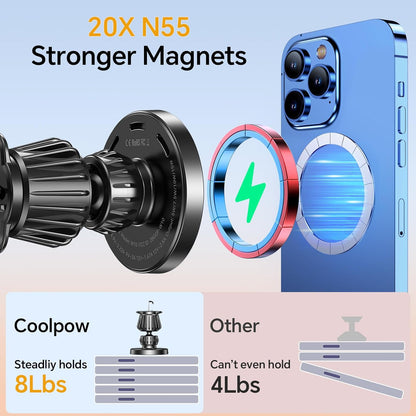 Coolpow for MagSafe Car Mount Charger【Ultra Magnet】Magnetic Phone Holders for Your Car Charger【Windshield+Vent+Dash】Magnetic Wireless Car Phone Holder Charger Car Mount for iPhone 17 Pro Max 16 15 14