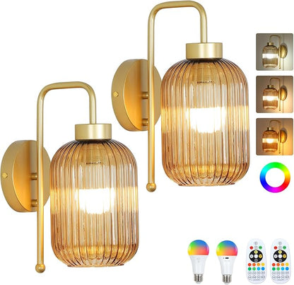 Vintage Gold Wireless Wall Sconces Battery Operated, Rechargeable Wall Lights Set of 2 with Amber Stripe Glass Shade, Remote and Bulb, Cordless Sconces Wall Decor for Bedroom Living Room