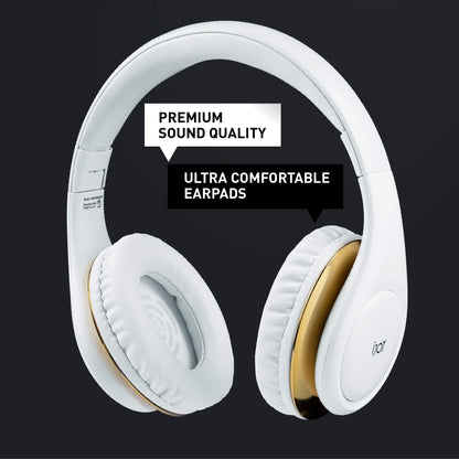 iJoy ISO Bluetooth 5.0 Wireless Over Ear Foldable Stereo Headphones with 30 Hours Battery and Built-in Microphone, (White/Gold)