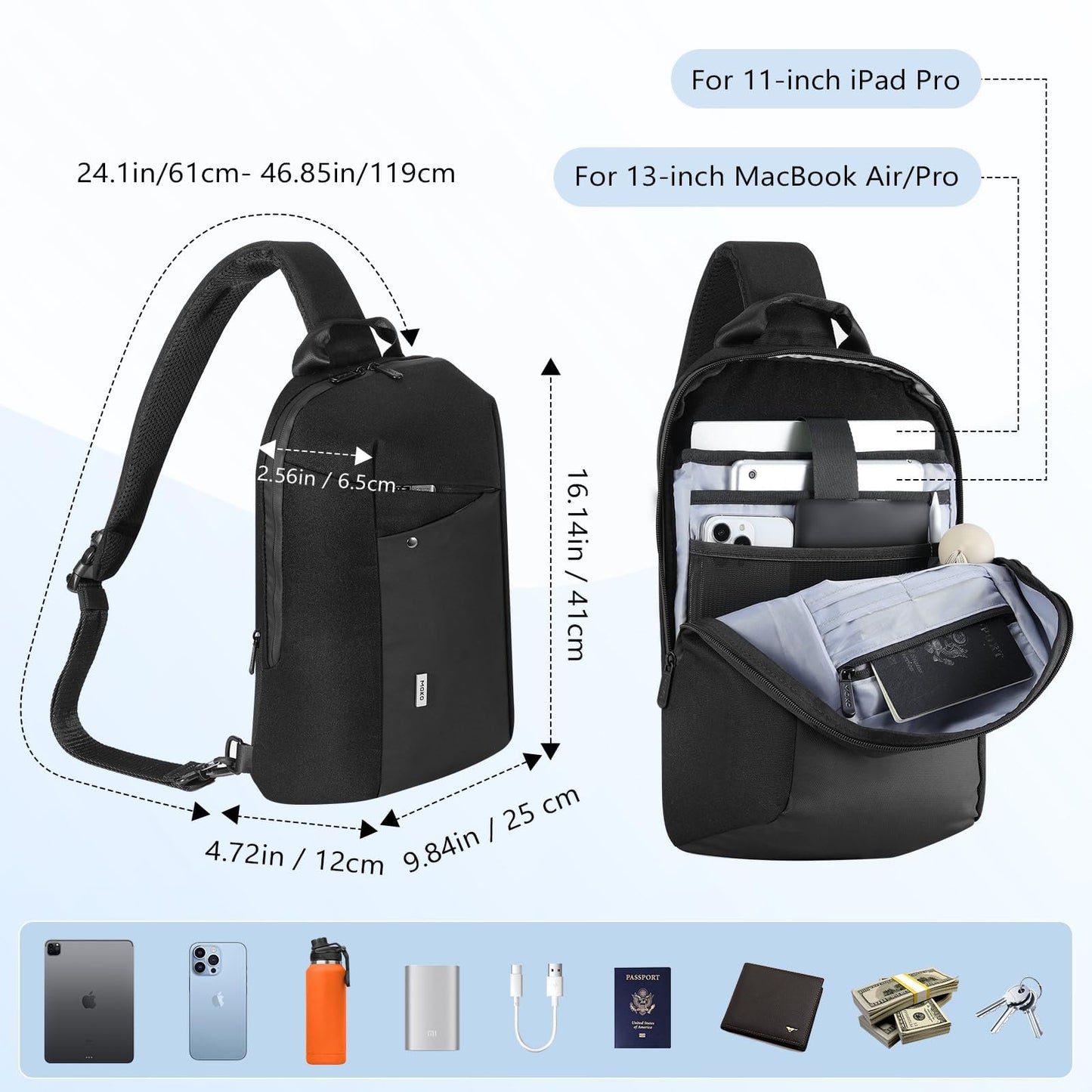 MoKo Compact EDC Sling Bag for New 13-inch iPad Pro M4/Air M2, Minimalist Chest Shoulder Crossbody Bag for Men Women Daily Use, Single Strap Daypack for New 13" MacBook Air/14 MacBook Pro, Black