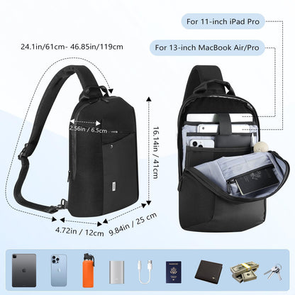 MoKo Compact EDC Sling Bag for New 13-inch iPad Pro M4/Air M2, Minimalist Chest Shoulder Crossbody Bag for Men Women Daily Use, Single Strap Daypack for New 13" MacBook Air/14 MacBook Pro, Black