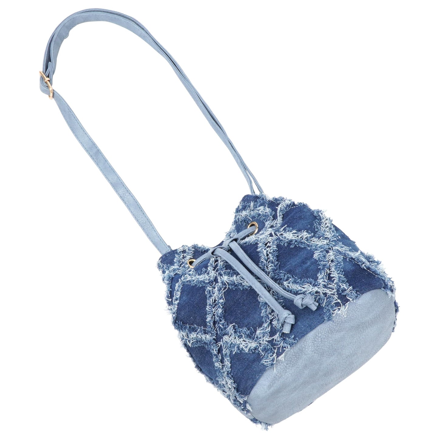 Hyuyikuwol Women Denim Mini Bucket Shoulder Crossbody Bag Drawstring Quilted Distressed Tassel Barrel Shape Satchel Purse, Blue