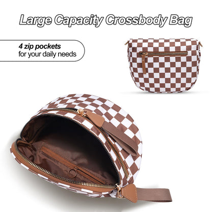 Checkered Crossbody Bag,Nylon Bum Bags for Women Crossbody,Spacious Sling Bag Purse Fanny Packs with Shoulder Strap