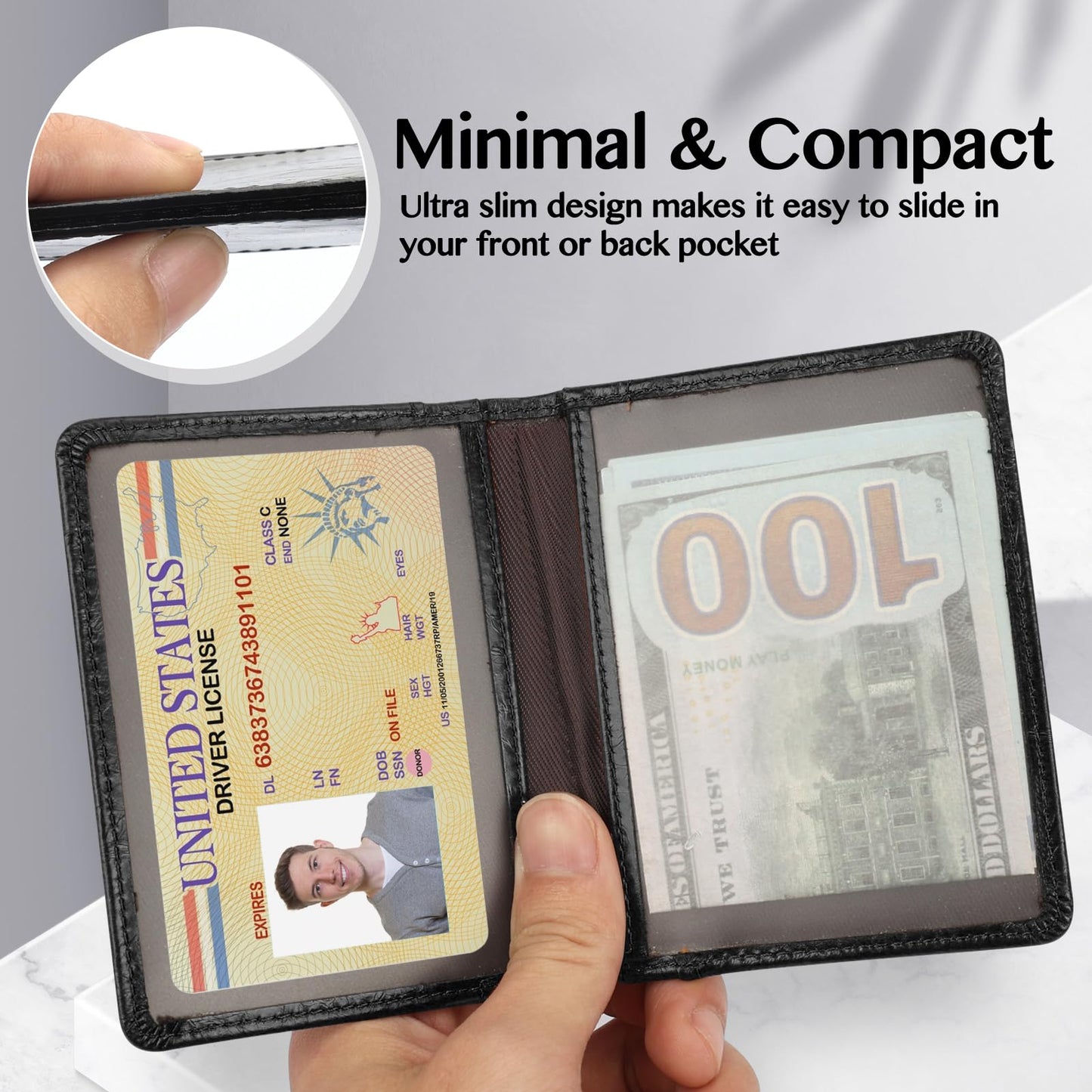 Unaone Slim Minimalist Wallet - Premium Leather Card Holder RFID Blocking Card Case with 8 Card Slots and 2 ID Window, Crackle Black