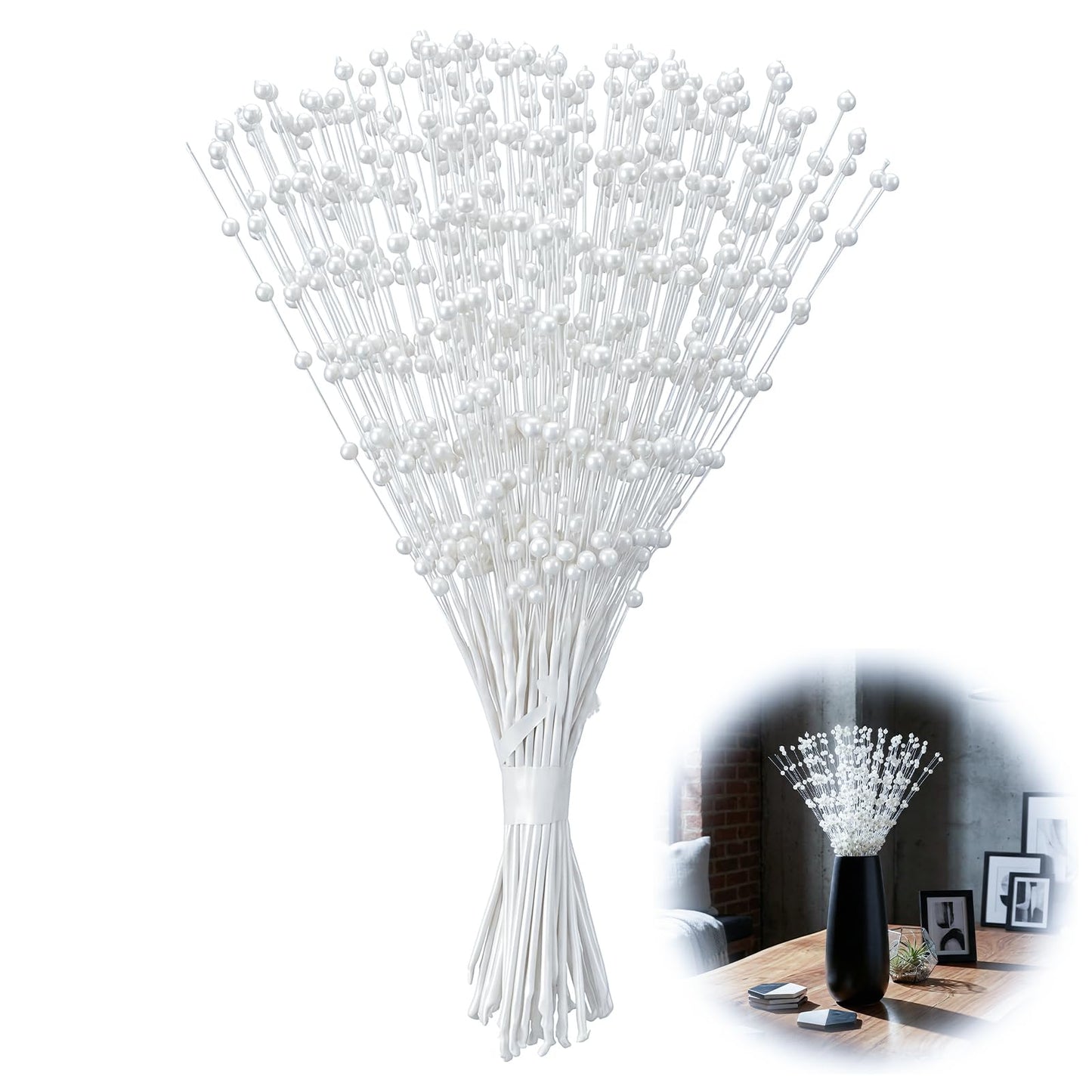 Alrhso 50 Pcs Pearl Floral Picks Pearl Bouquets 4mm Bead String Garland Floral Beaded Spray Filler Arrangements Christmas Tree Picks Wedding Decor (White)