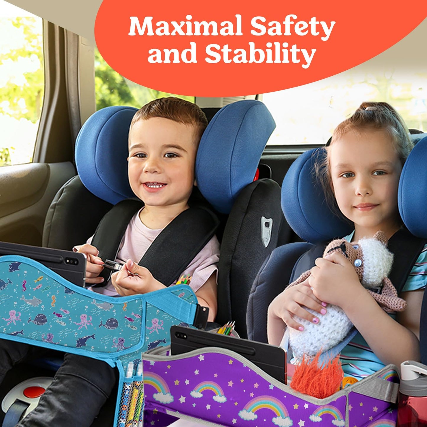 PILLANI Kids Travel Tray for Car - Toddler Airplane Travel Essentials w/ Activity Sheets, Pens & Dry Erase Board - Kids Travel - Must Have Toddler Lap Desk Organizer for Airplane - Travel Accessories