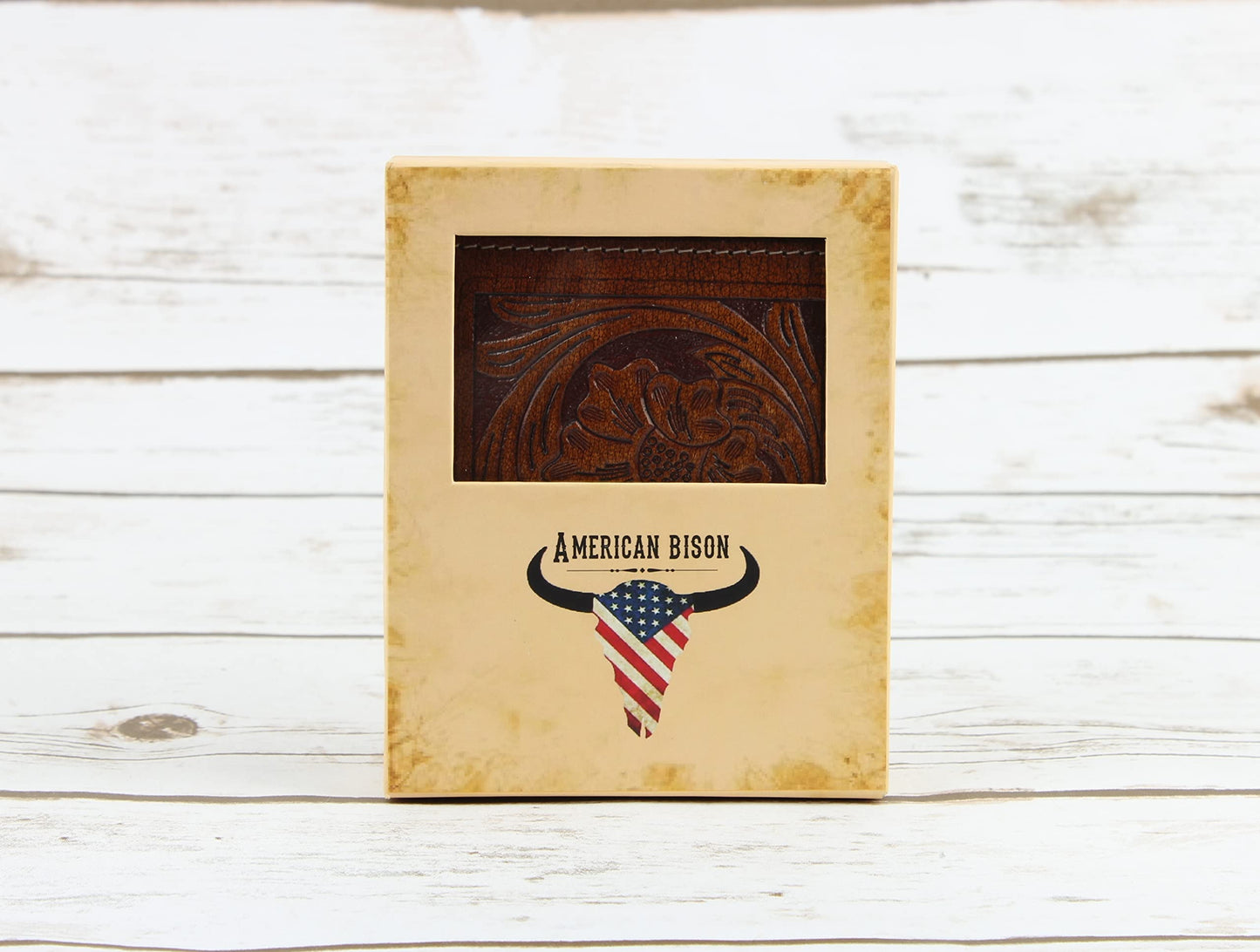 American Bison RFID Wallet for Men – Hand-Tooled Floral Cowhide Leather Bifold Wallet with Gift Box (Light Brown)
