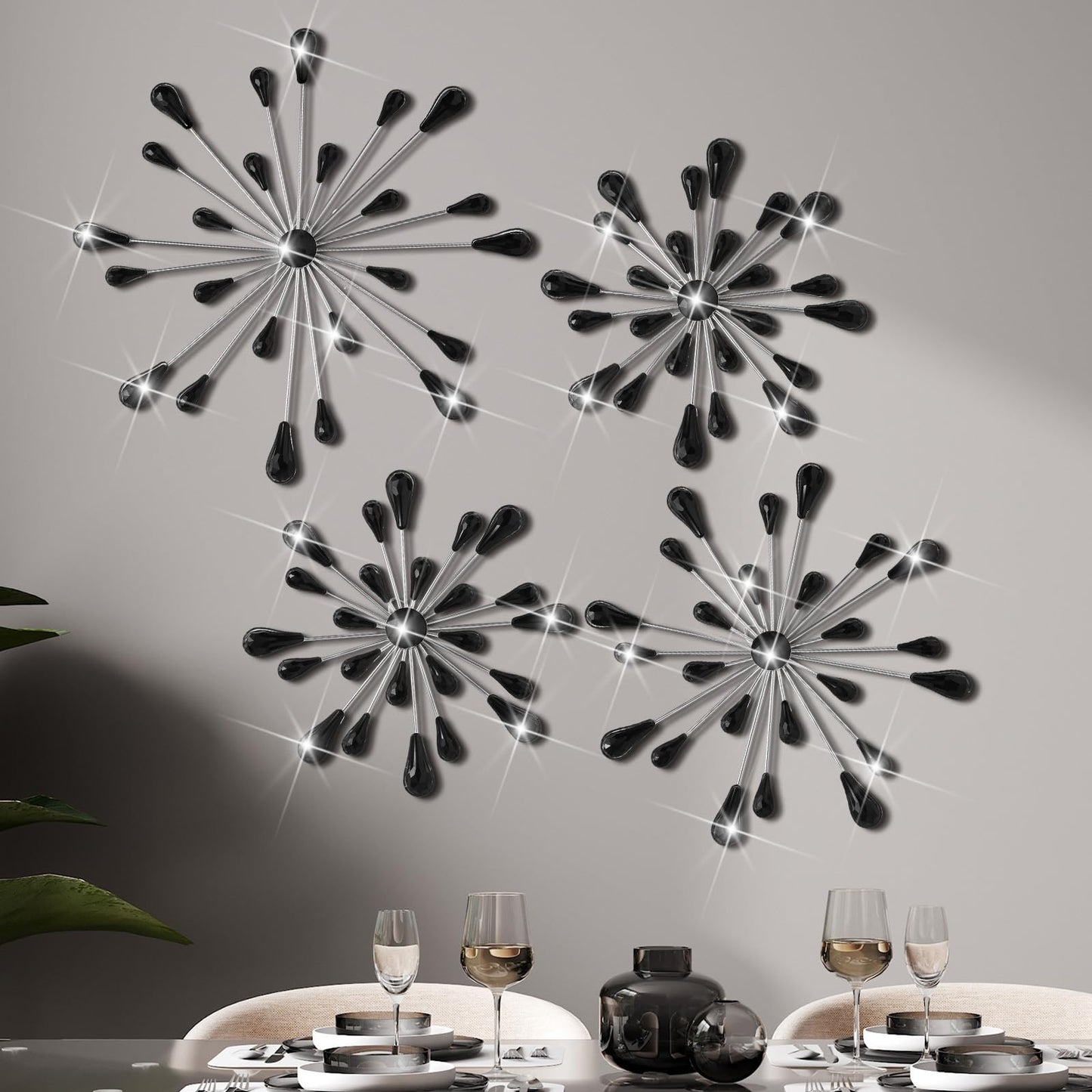 Hicarer 4 Pcs Starburst Wall Decor Bling Wall Art Crystal Teardrop 3D Hanging Rhinestone Radial Metal Artwork Modern Accent Sculptures Decorations for Living Room Home Office Bedroom(Black Diamond)