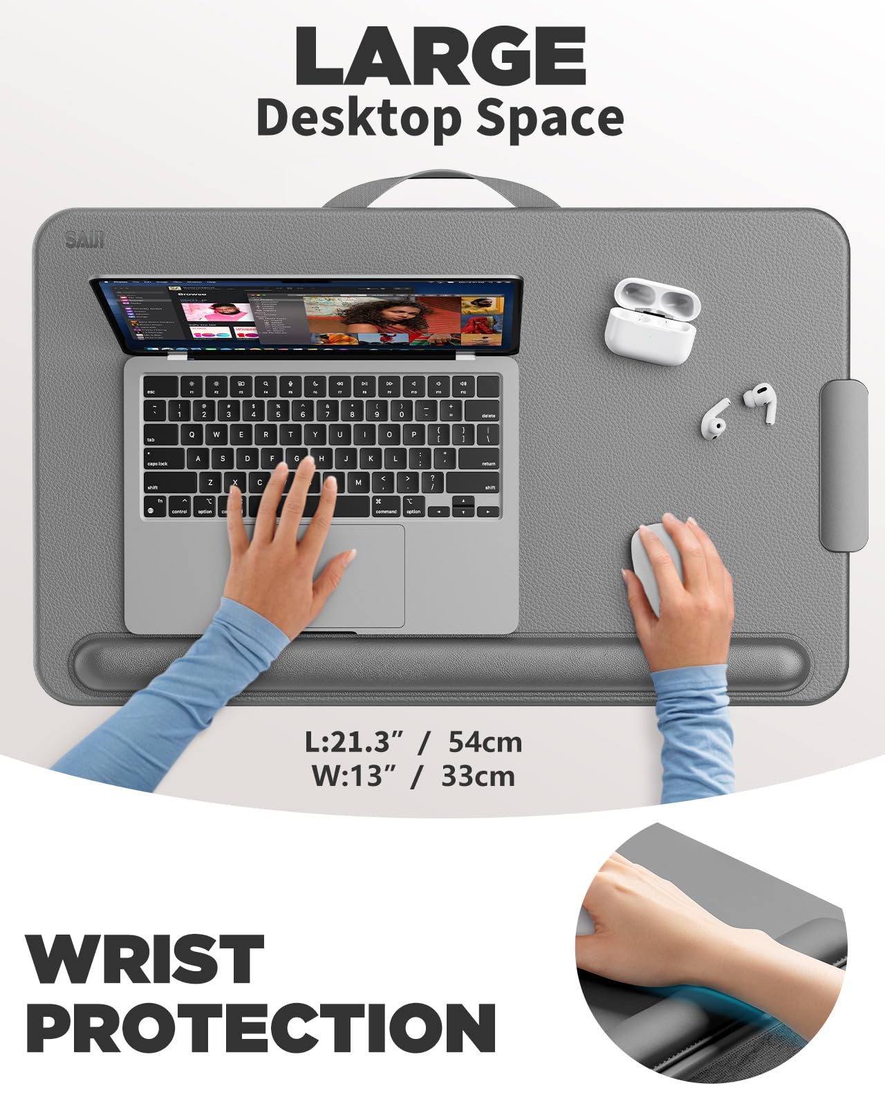 SAIJI Lap Desk with Cushion, Computer Laptop Stand, Lap Laptop Table, Built-in Drawer Storage, Phone Holder, Wrist Pad
