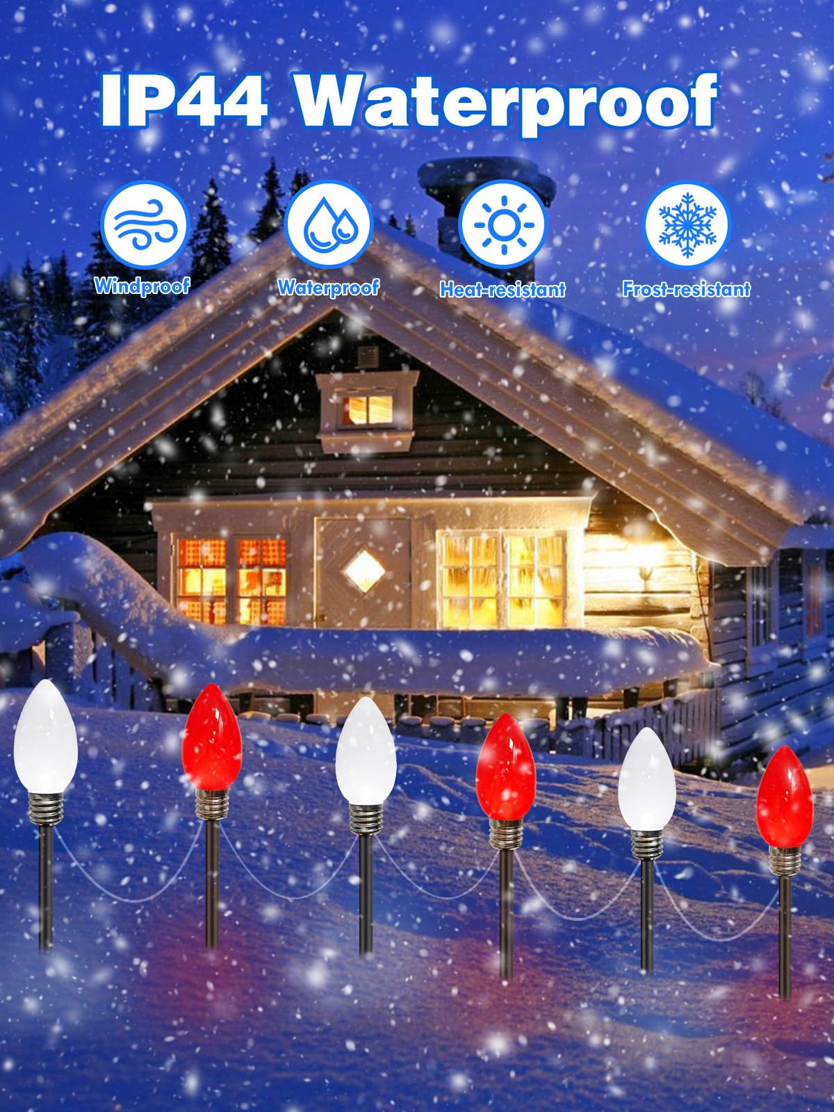 6 Pack Large C9 Christmas Decorations Outdoor, Waterproof C9 Christmas Lights Plug in with 2 Modes and Timer, Pathway Lights for Party Indoor Yard Patio Walkway Garden Xmas Decoration (Red and White)