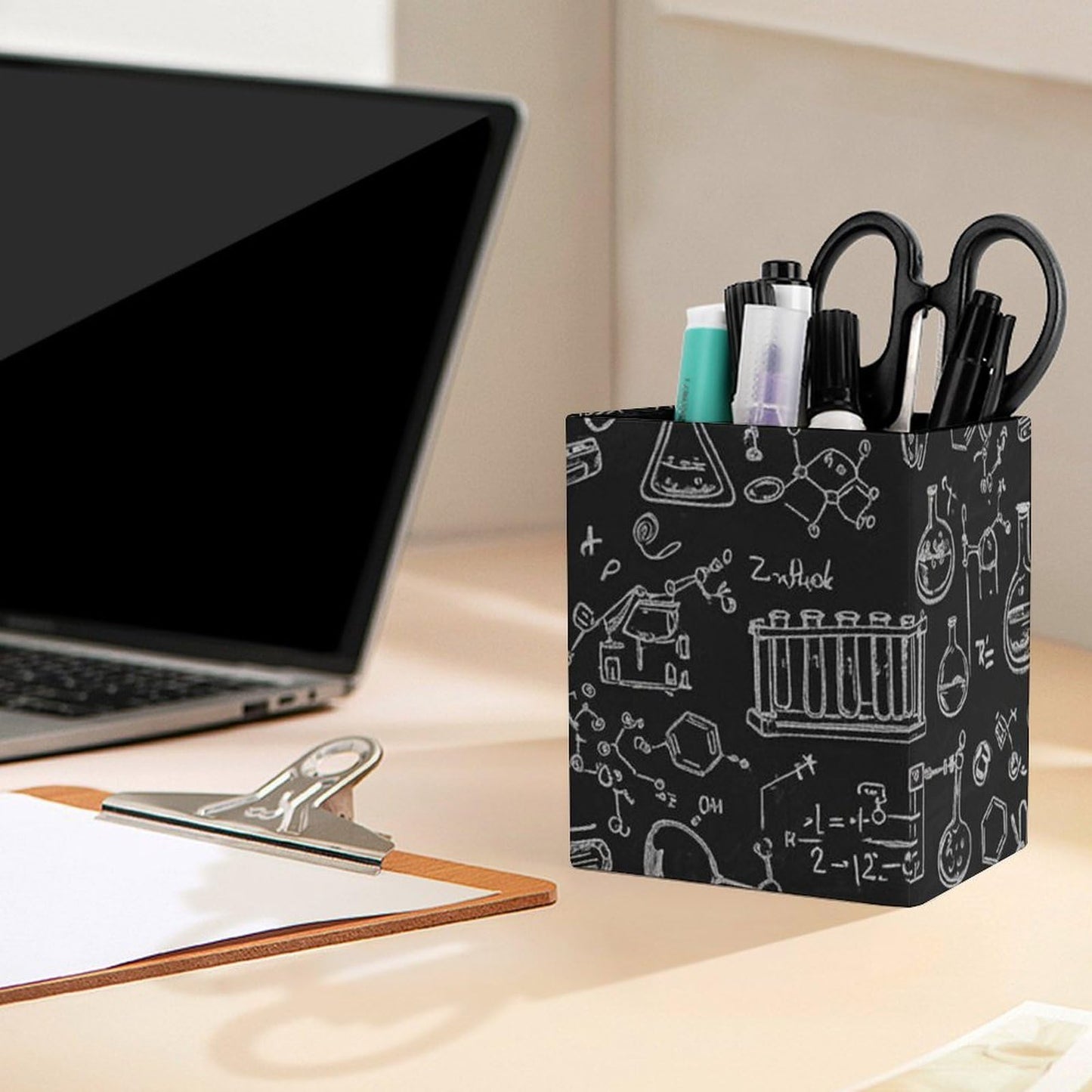 UTRSIFB Pen Holder Square Leather Pencil, Holder Cup Makeup Brush Storage Organizer, Waterproof Multifunctional Office Supplies Chemistry Formula