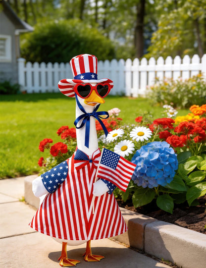 bomis 4th of July Patriotic Porch Goose Outfits for 23 Inch Lawn Statue – Independence Day Goose Costume with Red Heart Sunglasses, Star Stripe Hat, Handheld American Flag, US 250th Anniversary Decor