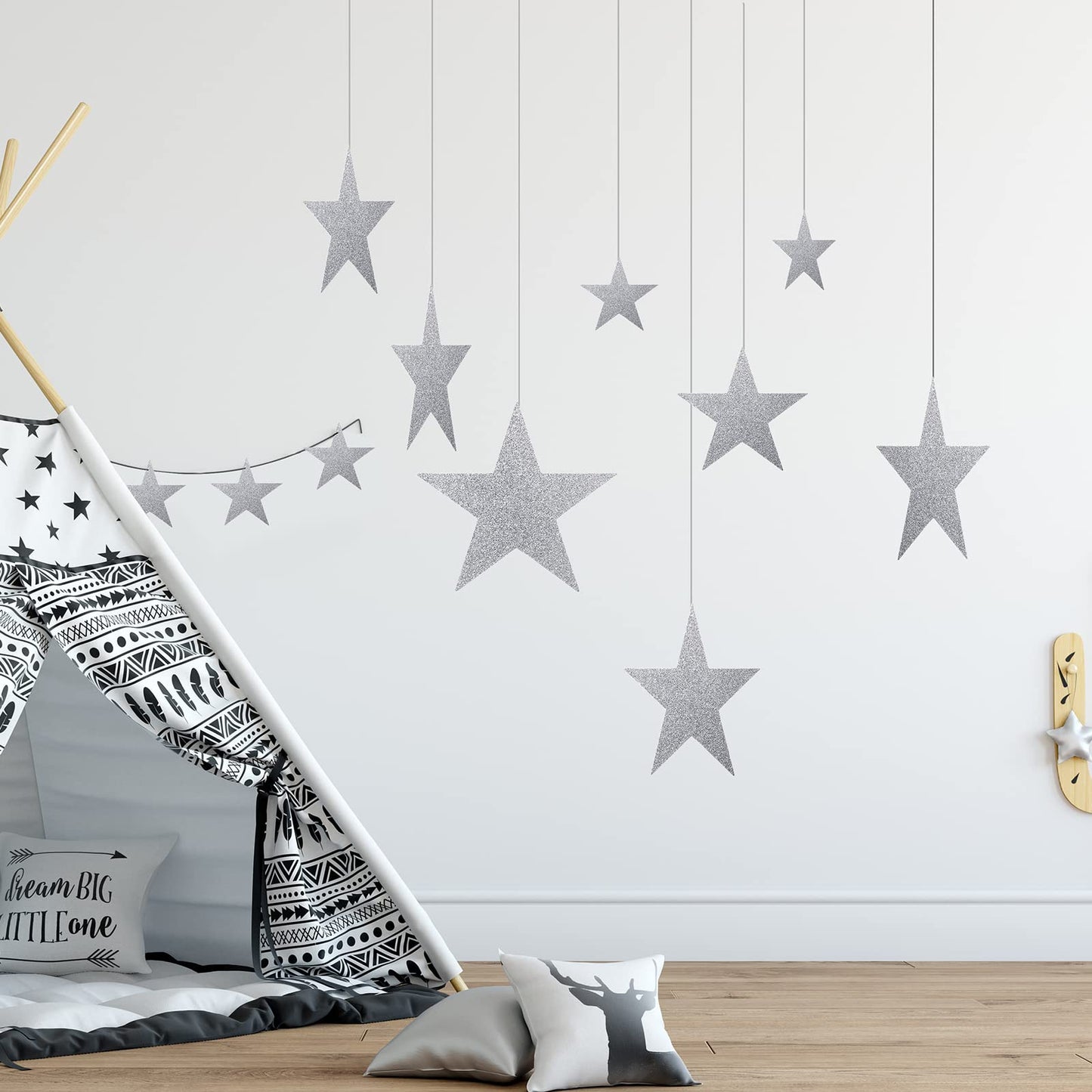 Boao 48 Pieces Silver Stars Shaped Cutouts Silver Cardboard Stars 4 Sizes 6cm/12cm/20cm/30cm Hanging Glitter Garlands with Nylon String for Wedding Birthday Party Graduation Classroom Wall Decor