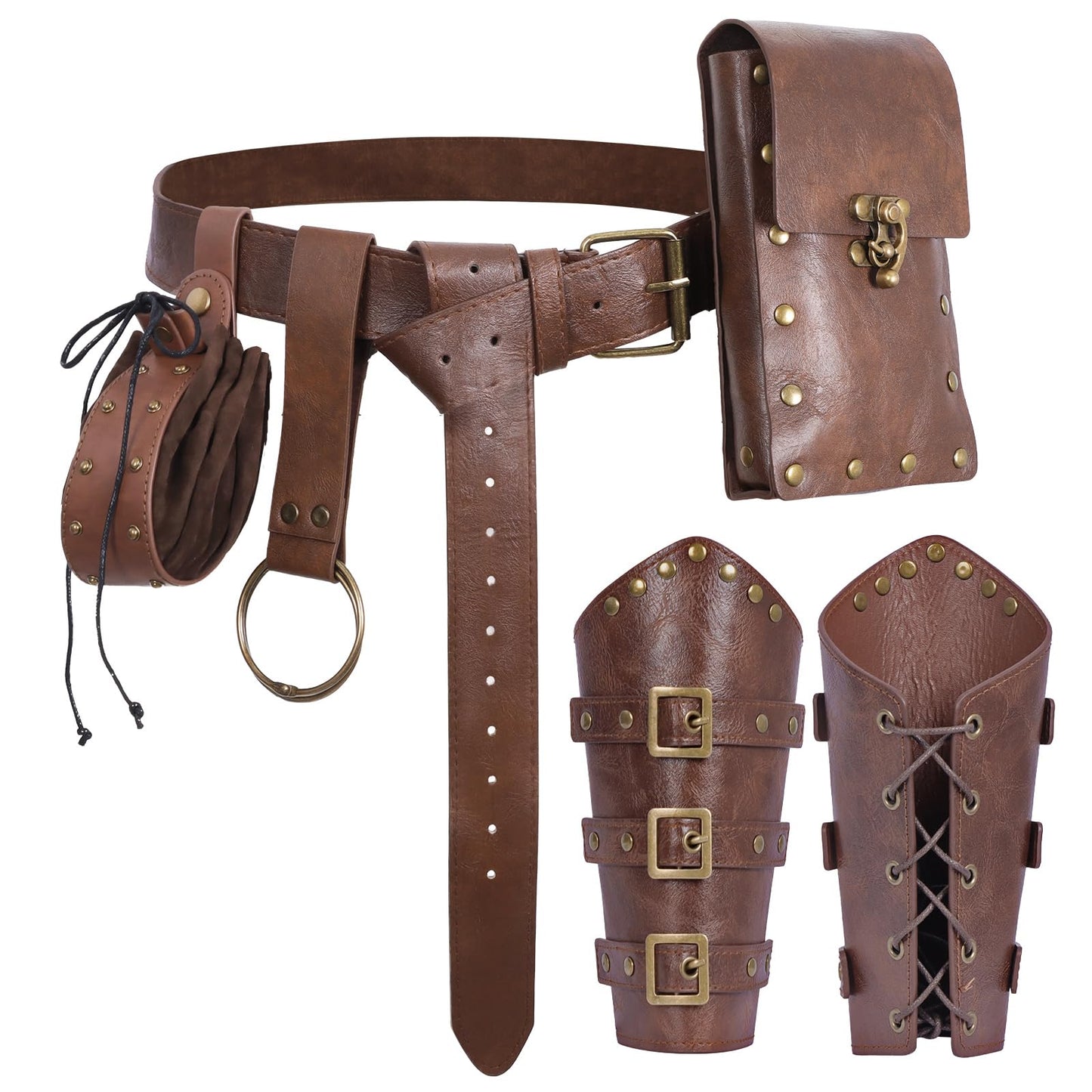 Renaissance Belt Pouch Set with Fanny Pack, Coin Purse, Viking Bracer Hook & Skirt Hike Loop for Faire & Cosplay Belt